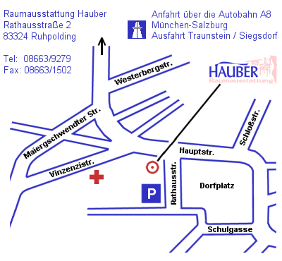 Anfahrtsplan, Handwerk, wir beraten Sie gerne, Betten und Matratzen, Dekorationsstoffe, Tapeten, Fussboden, Parkett, Polstern, Gardinen, Vorhang